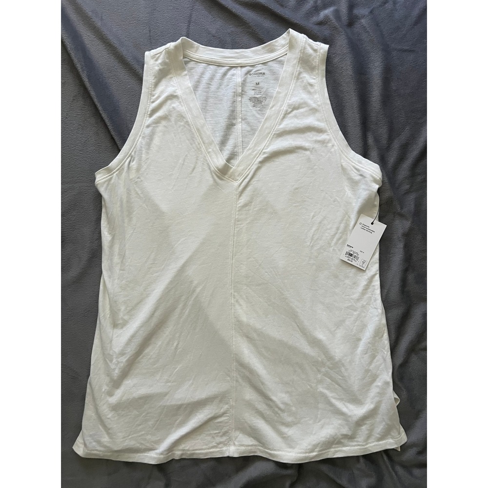 Sonoma Womens Relaxed V-Neck Tank Top Polar Beige White Medium NWT